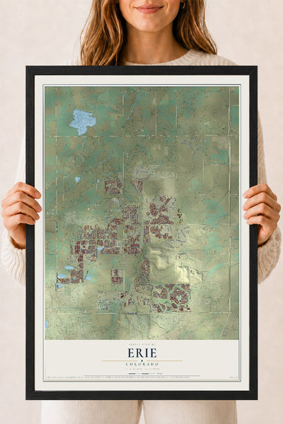 Map of Erie, Colorado, 18 x 24 inch print in a black wood frame