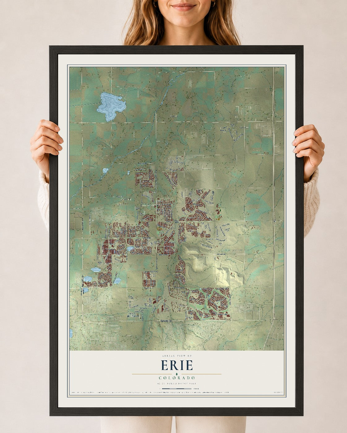 Map of Erie, Colorado, 24 x 36 inch print in a black wood frame