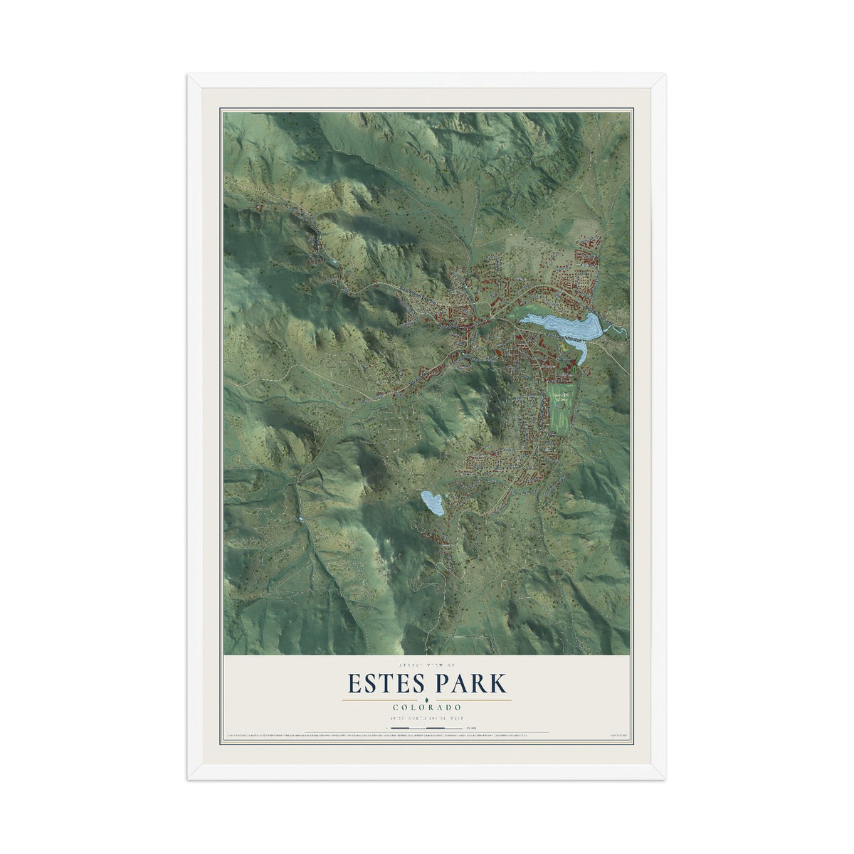 Map of Estes Park, Colorado, 12 x 18 inch print in a white wood frame