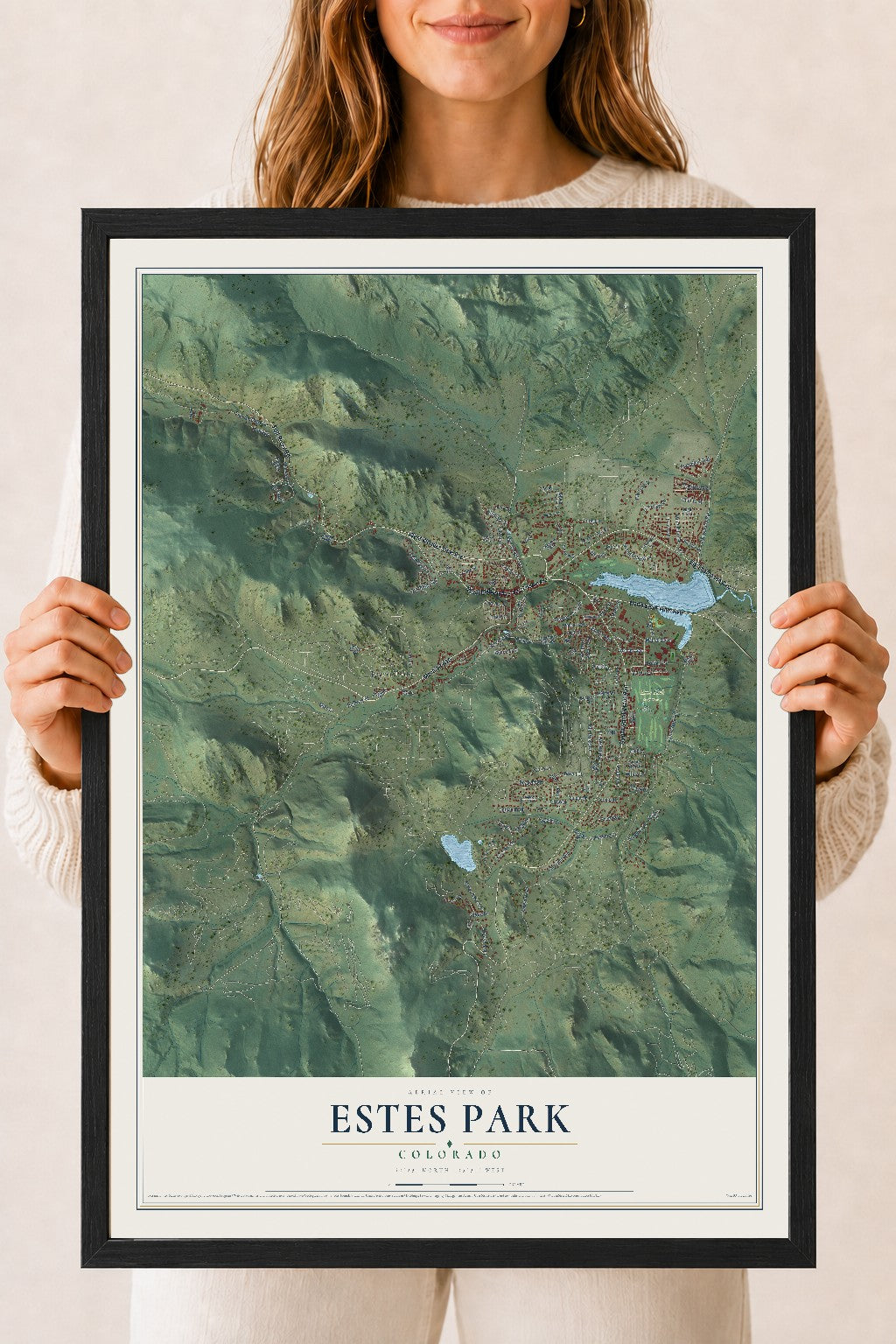 Map of Estes Park, Colorado, 18 x 24 inch print in a black wood frame