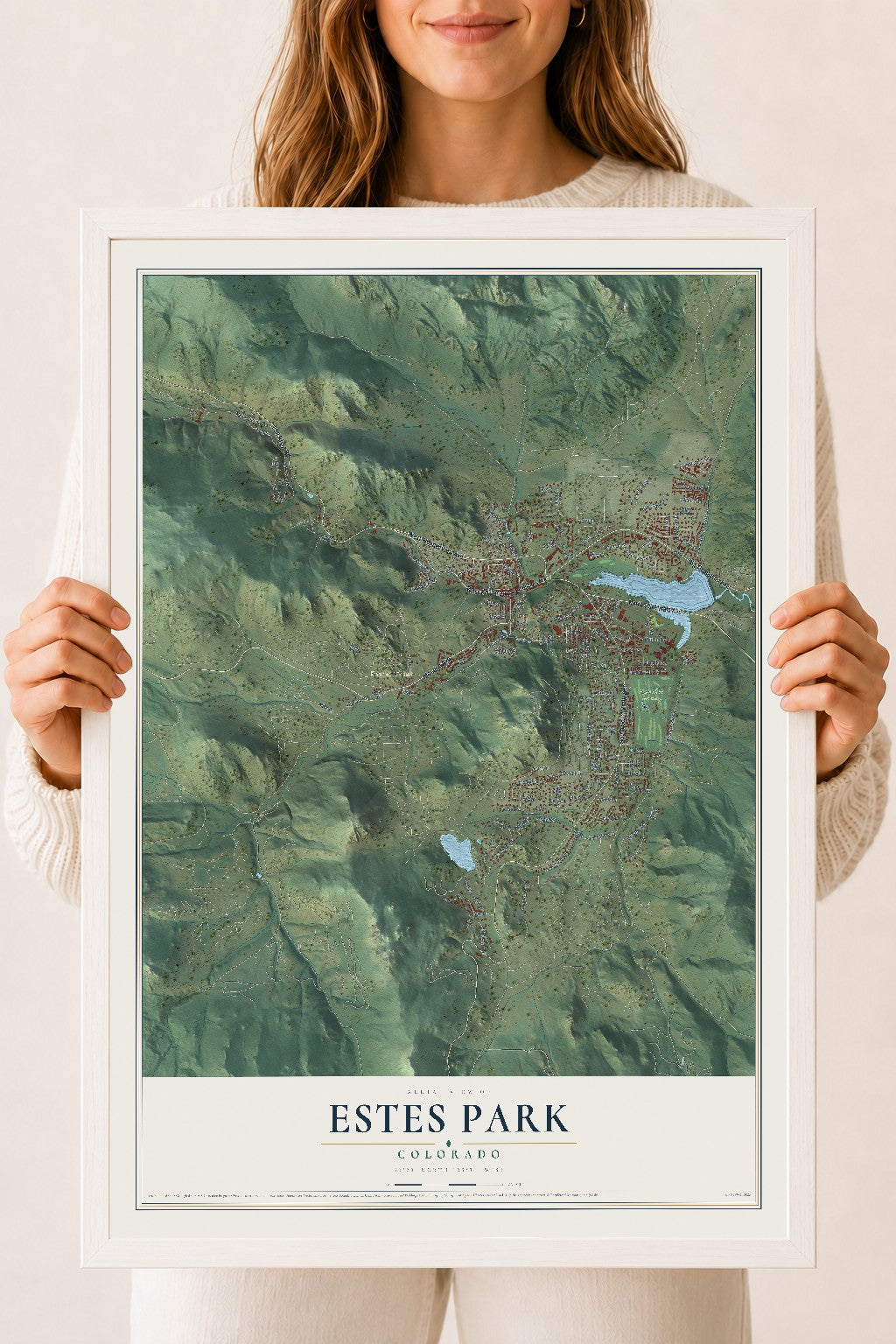 Map of Estes Park, Colorado, 18 x 24 inch print in a white wood frame