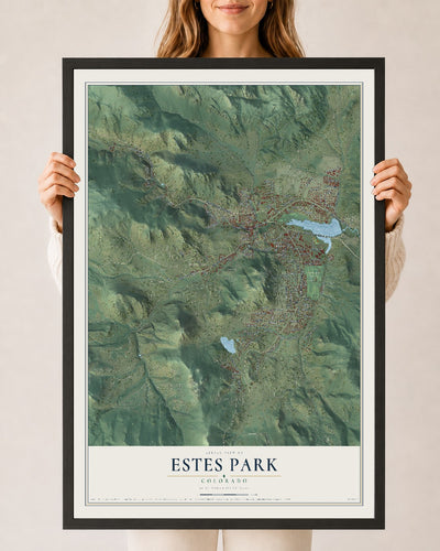 Map of Estes Park, Colorado, 24 x 36 inch print in a black wood frame