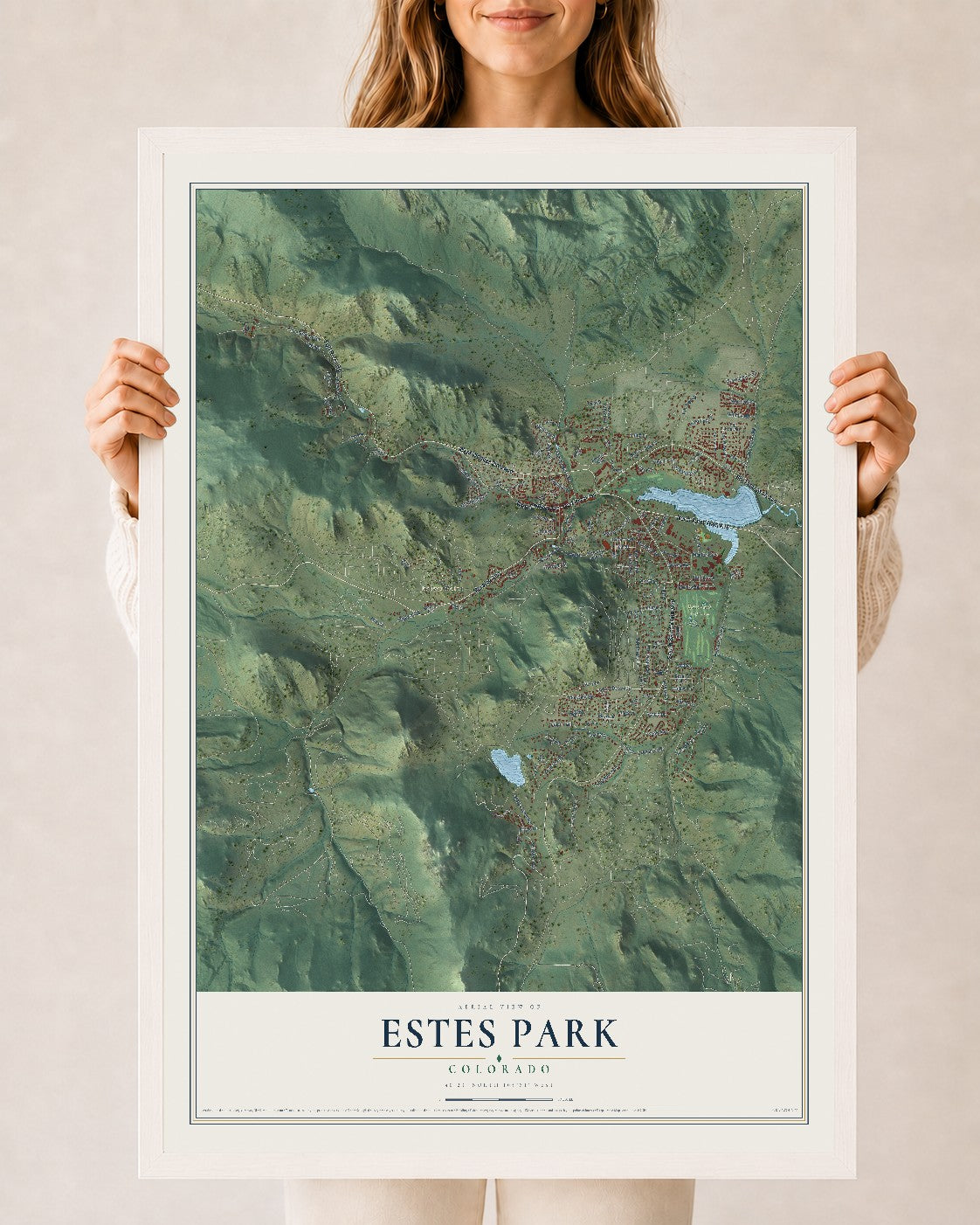 Map of Estes Park, Colorado, 24 x 36 inch print in a white wood frame