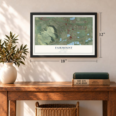 Fairmount, Colorado map, 12 x 18 inch print in a black frame in an entryway