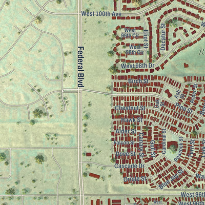 Second close-up of the map of Federal Heights, Colorado print showing more streets and buildings