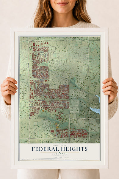 Map of Federal Heights, Colorado, 18 x 24 inch print in a white wood frame