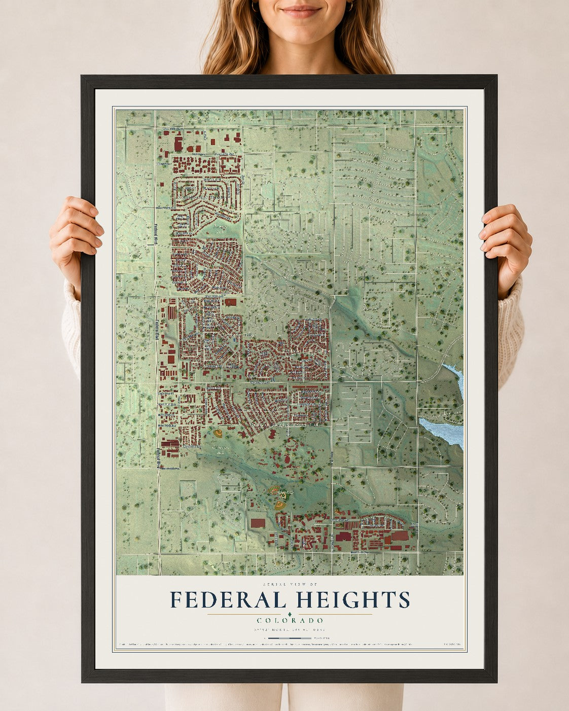 Map of Federal Heights, Colorado, 24 x 36 inch print in a black wood frame