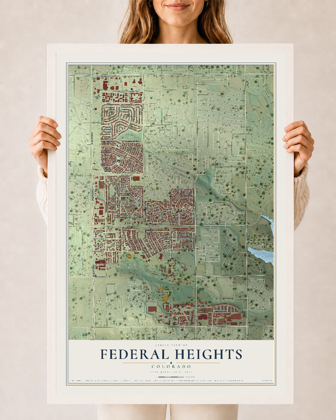 Map of Federal Heights, Colorado, 24 x 36 inch print in a white wood frame