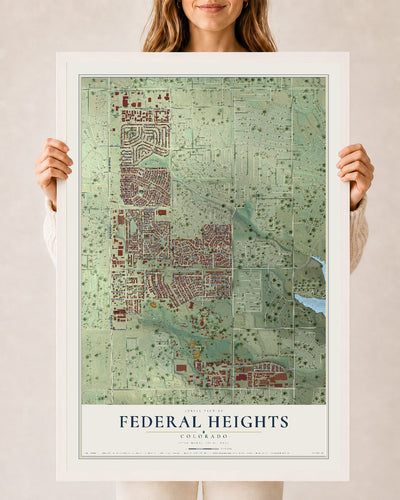 Map of Federal Heights, Colorado, 24 x 36 inch print in a white wood frame