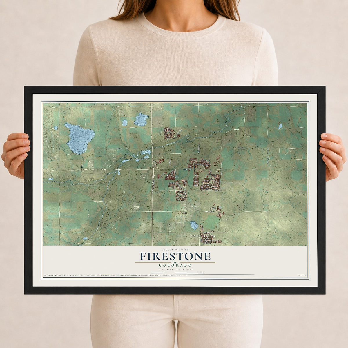 Map of Firestone, Colorado, 12 x 18 inch print in a black wood frame
