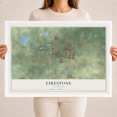 Map of Firestone, Colorado, 18 x 24 inch print in a white wood frame