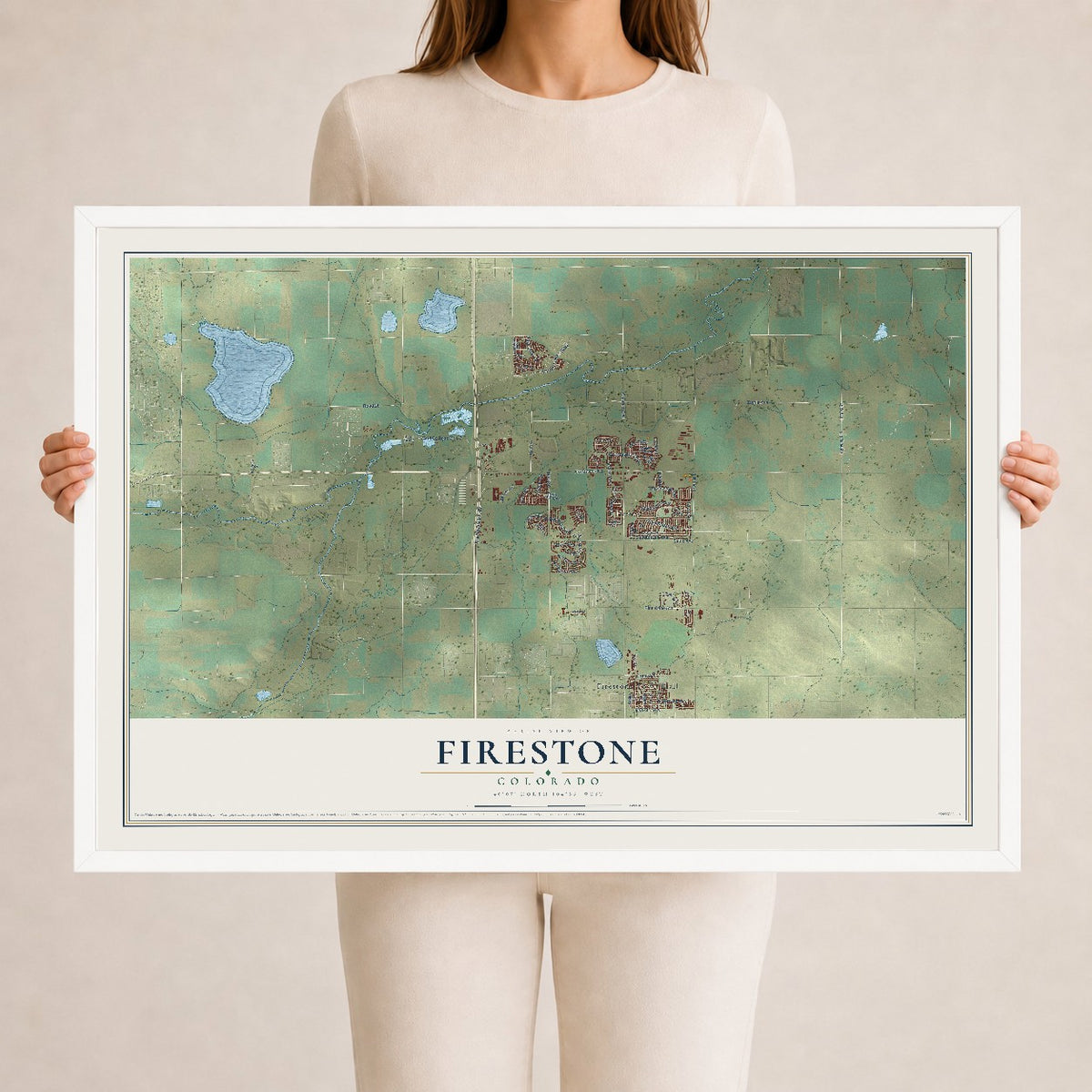 Map of Firestone, Colorado, 24 x 36 inch print in a white wood frame