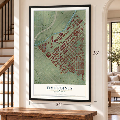 Five Points, Colorado map, 24 x 36 inch print in a black frame by a staircase