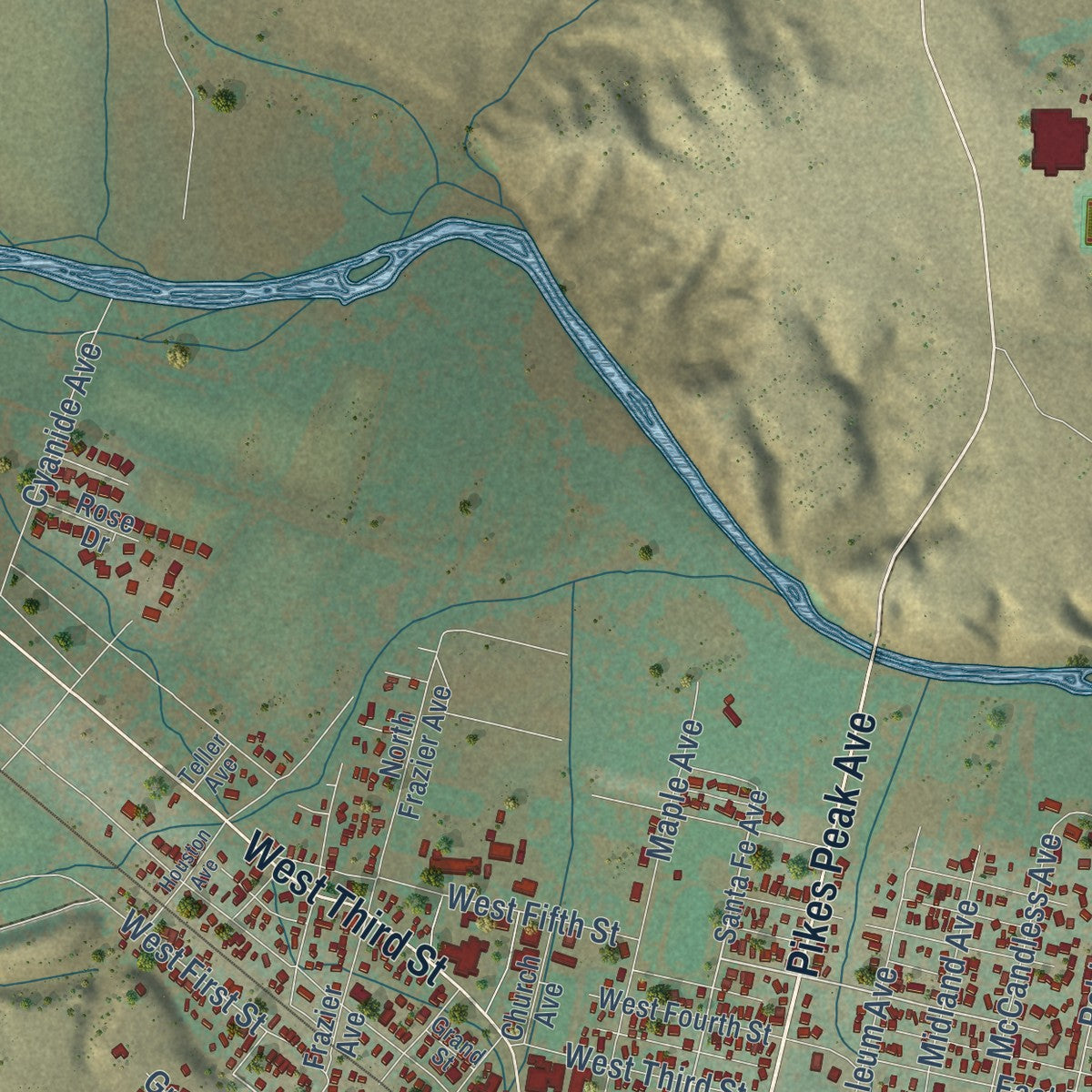 Second close-up of the map of Florence, Colorado print showing more streets and buildings