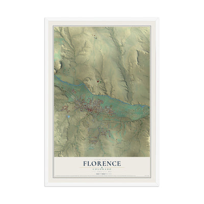 Map of Florence, Colorado, 12 x 18 inch print in a white wood frame