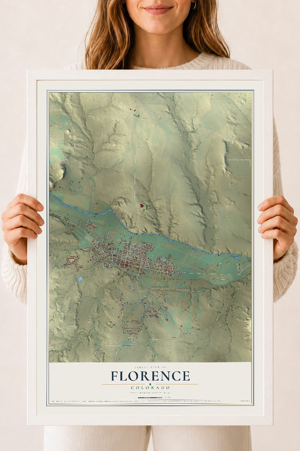 Map of Florence, Colorado, 18 x 24 inch print in a white wood frame