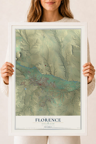 Map of Florence, Colorado, 18 x 24 inch print in a white wood frame