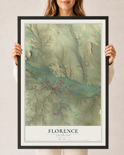 Map of Florence, Colorado, 24 x 36 inch print in a black wood frame