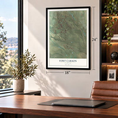 Fort Carson, Colorado map, 18 x 24 inch print in a black frame in a home office