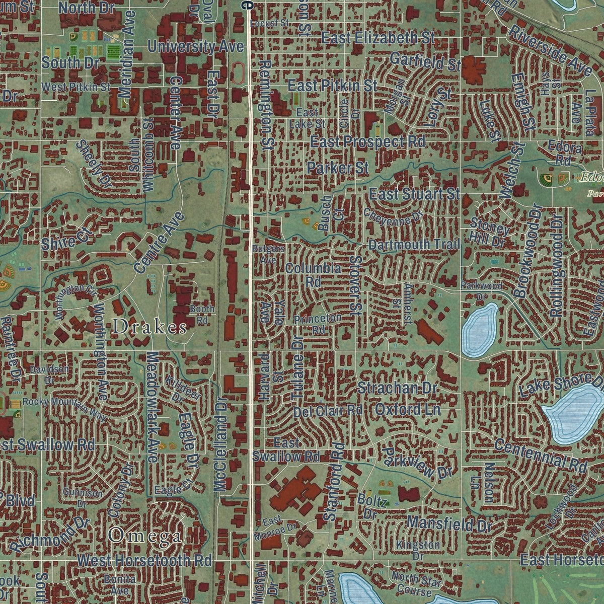 Close-up of the map of Fort Collins, Colorado print showing street and building detail