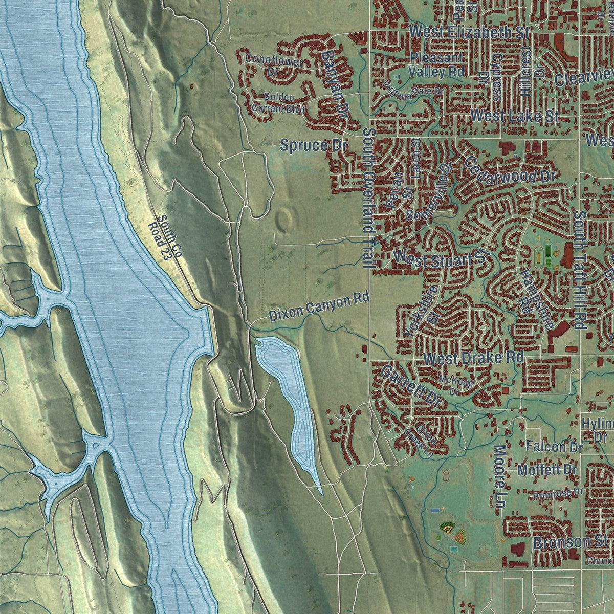 Second close-up of the map of Fort Collins, Colorado print showing more streets and buildings