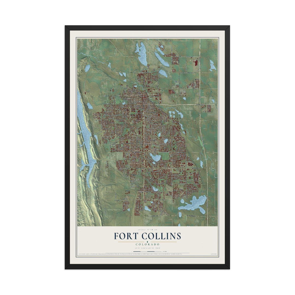 Map of Fort Collins, Colorado, 12 x 18 inch print in a black wood frame