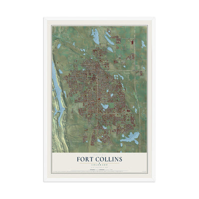 Map of Fort Collins, Colorado, 12 x 18 inch print in a white wood frame
