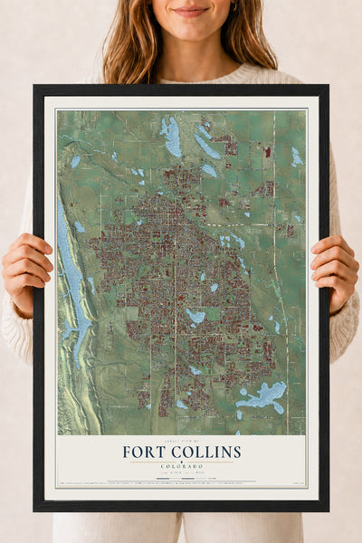 Map of Fort Collins, Colorado, 18 x 24 inch print in a black wood frame