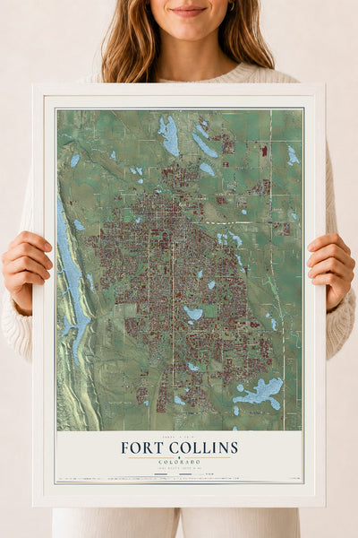 Map of Fort Collins, Colorado, 18 x 24 inch print in a white wood frame