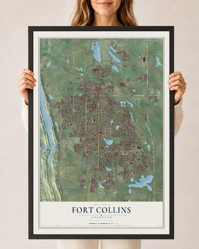 Map of Fort Collins, Colorado, 24 x 36 inch print in a black wood frame