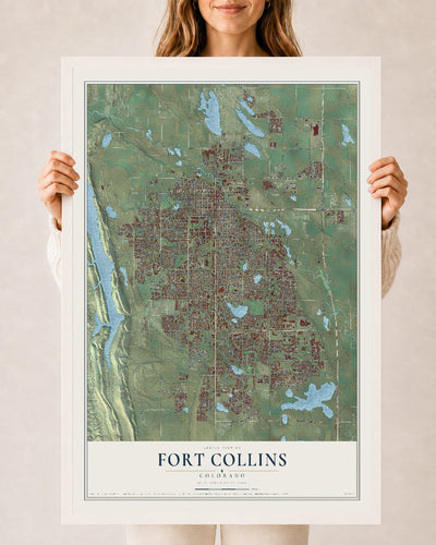Map of Fort Collins, Colorado, 24 x 36 inch print in a white wood frame