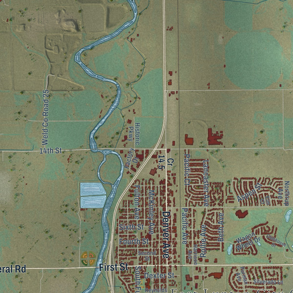 Close-up of the map of Fort Lupton, Colorado print showing street and building detail