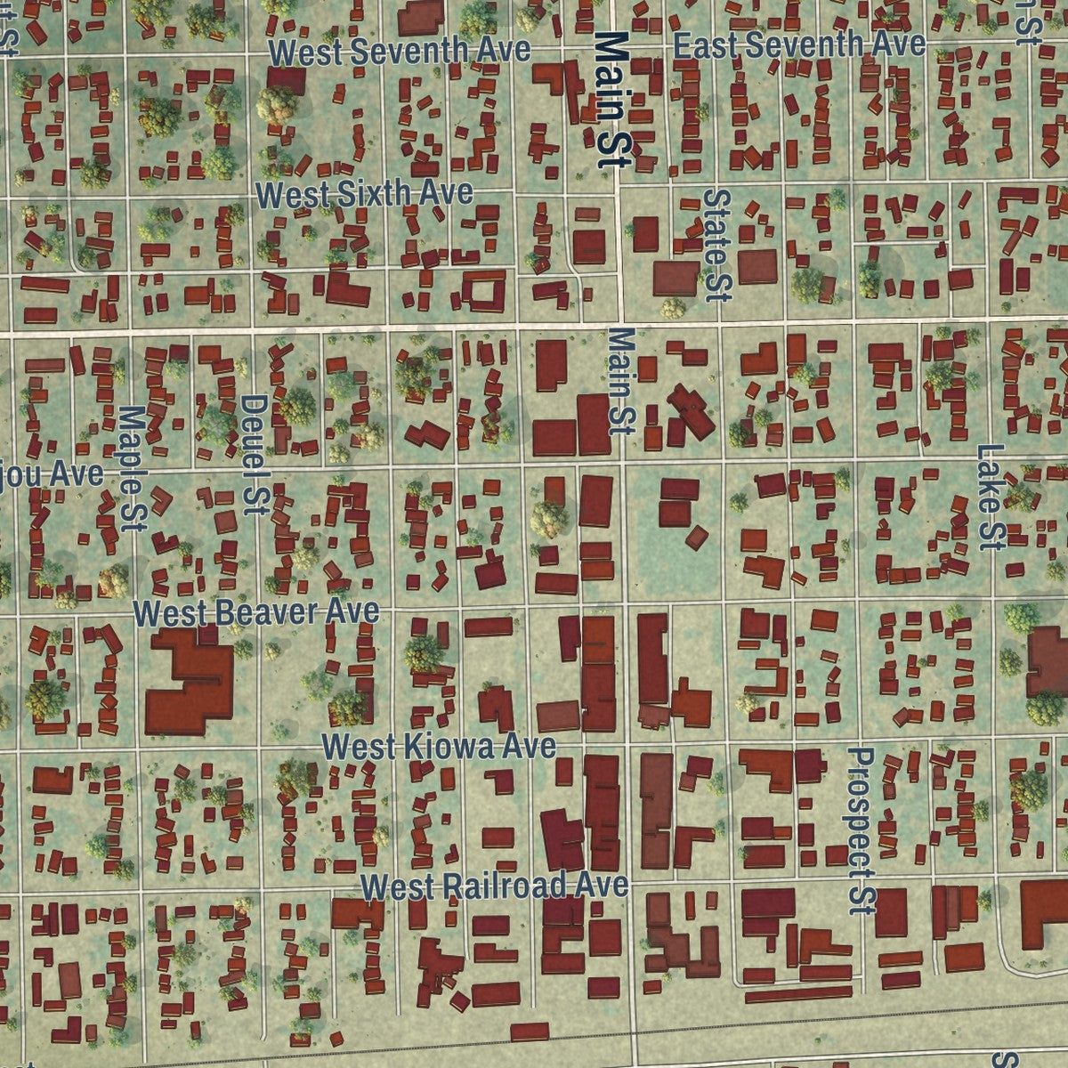 Close-up of the map of Fort Morgan, Colorado print showing street and building detail