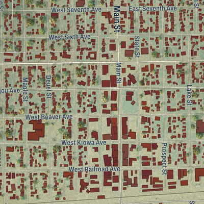 Close-up of the map of Fort Morgan, Colorado print showing street and building detail
