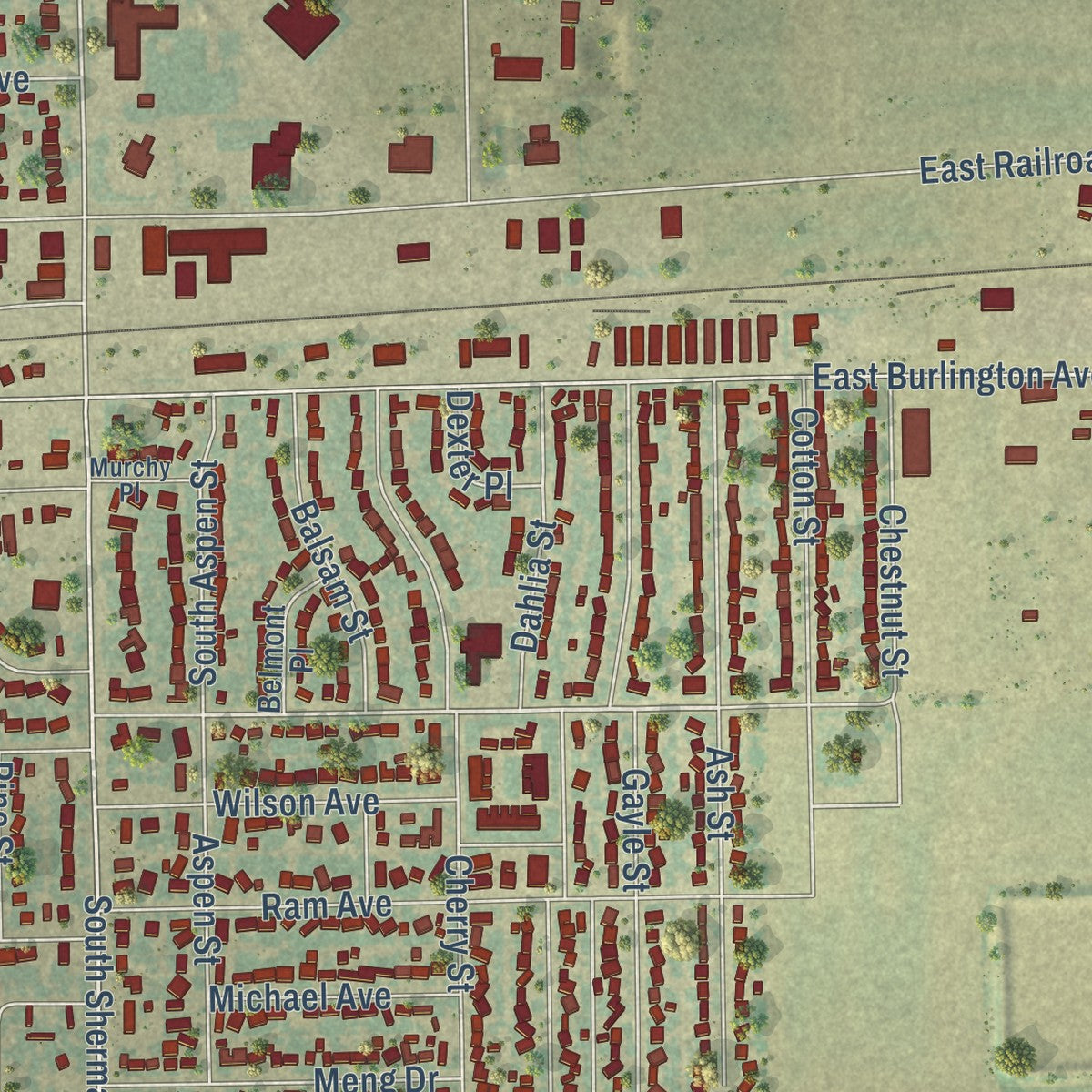 Second close-up of the map of Fort Morgan, Colorado print showing more streets and buildings