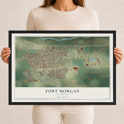 Map of Fort Morgan, Colorado, 12 x 18 inch print in a black wood frame
