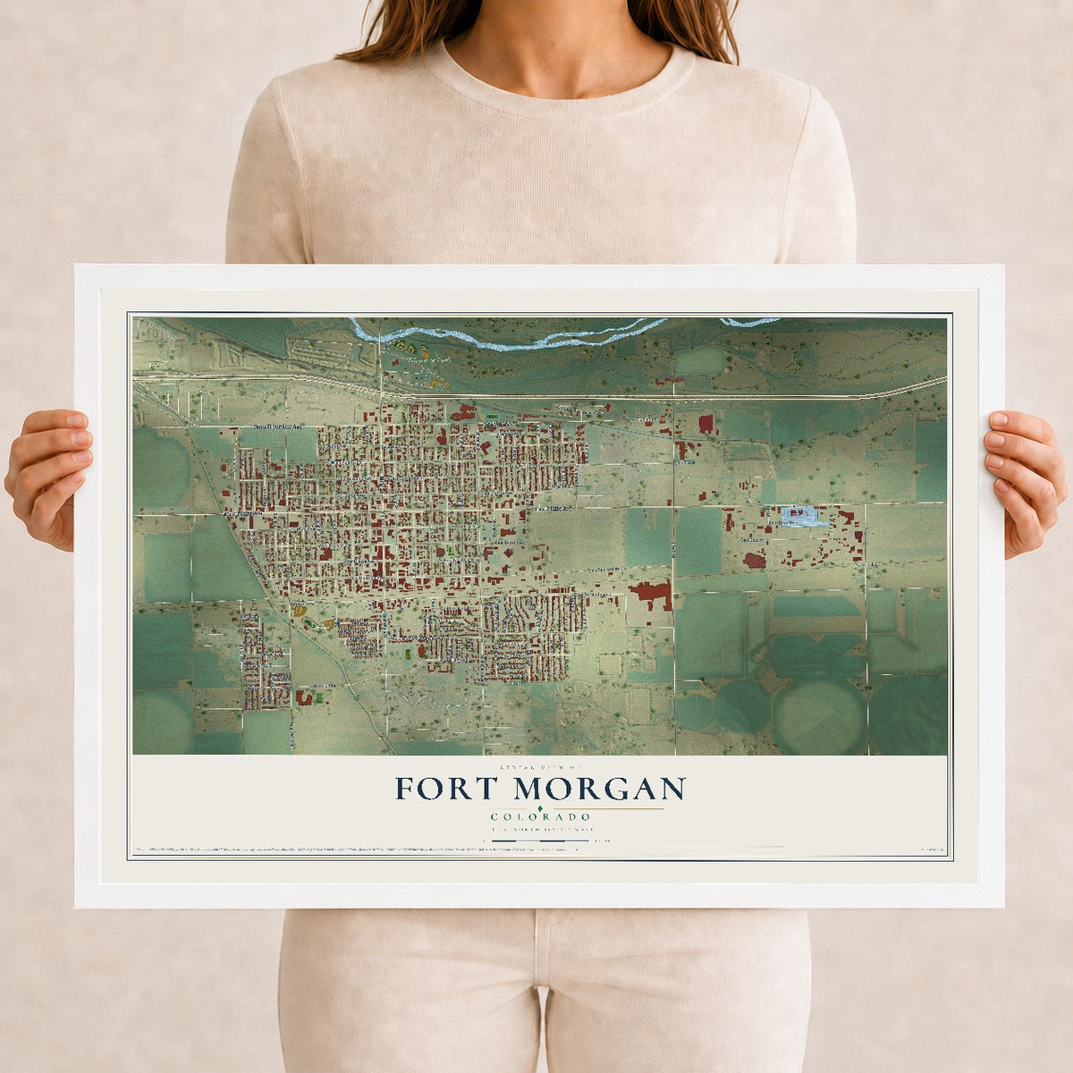 Map of Fort Morgan, Colorado, 12 x 18 inch print in a white wood frame