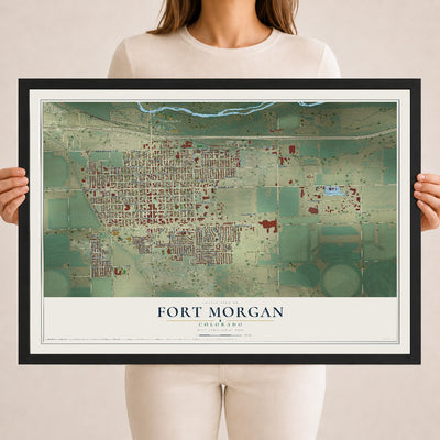 Map of Fort Morgan, Colorado, 18 x 24 inch print in a black wood frame