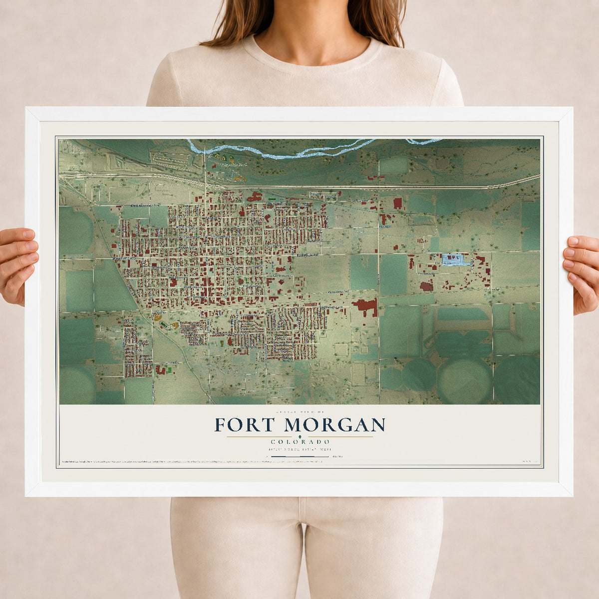 Map of Fort Morgan, Colorado, 18 x 24 inch print in a white wood frame
