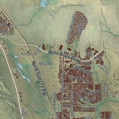Close-up of the map of Fountain, Colorado print showing street and building detail