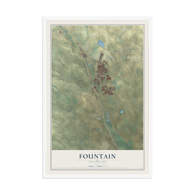 Map of Fountain, Colorado, 12 x 18 inch print in a white wood frame