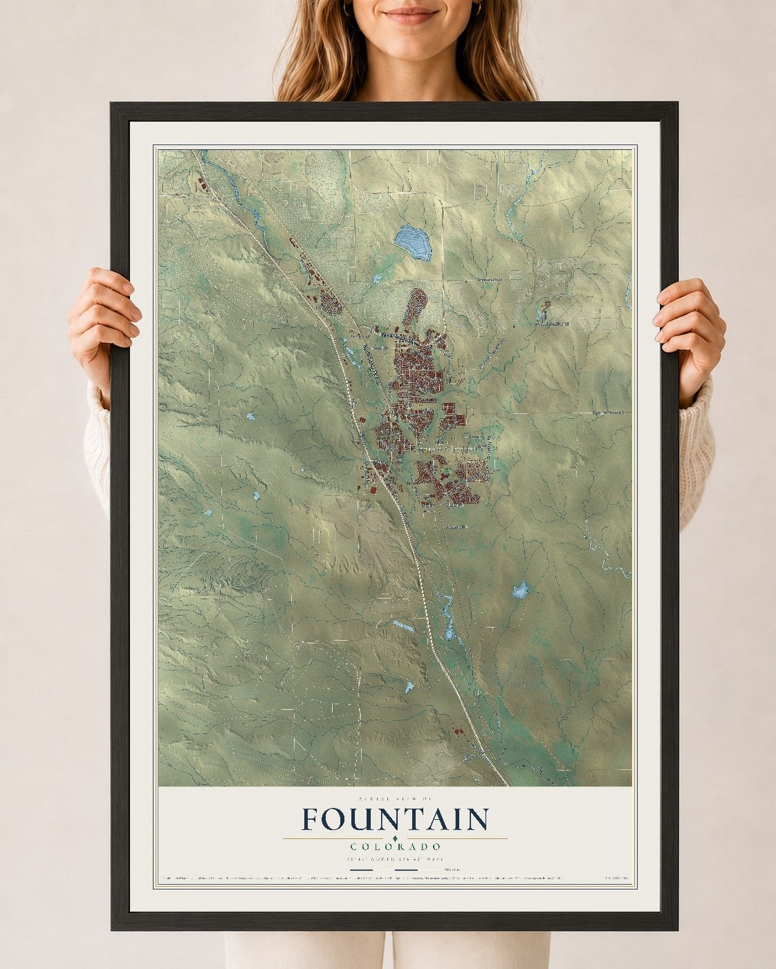 Map of Fountain, Colorado, 24 x 36 inch print in a black wood frame