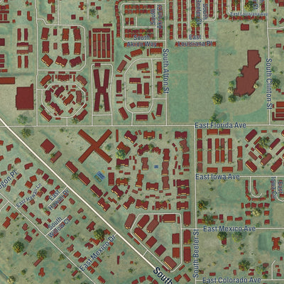 Close-up of the map of Four Square Mile, Colorado print showing street and building detail