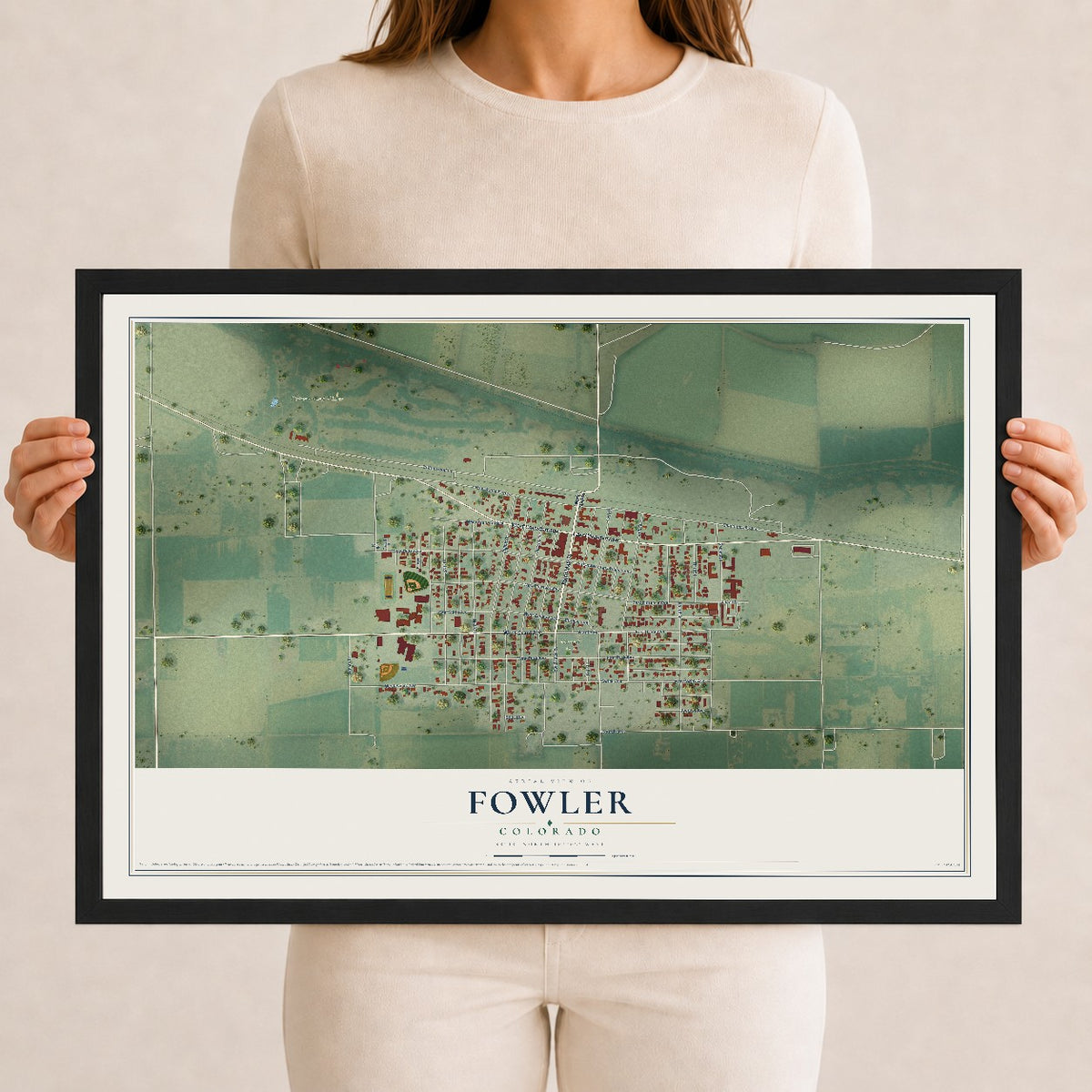 Map of Fowler, Colorado, 12 x 18 inch print in a black wood frame