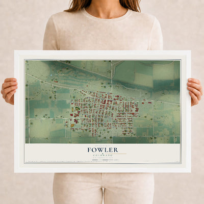 Map of Fowler, Colorado, 12 x 18 inch print in a white wood frame