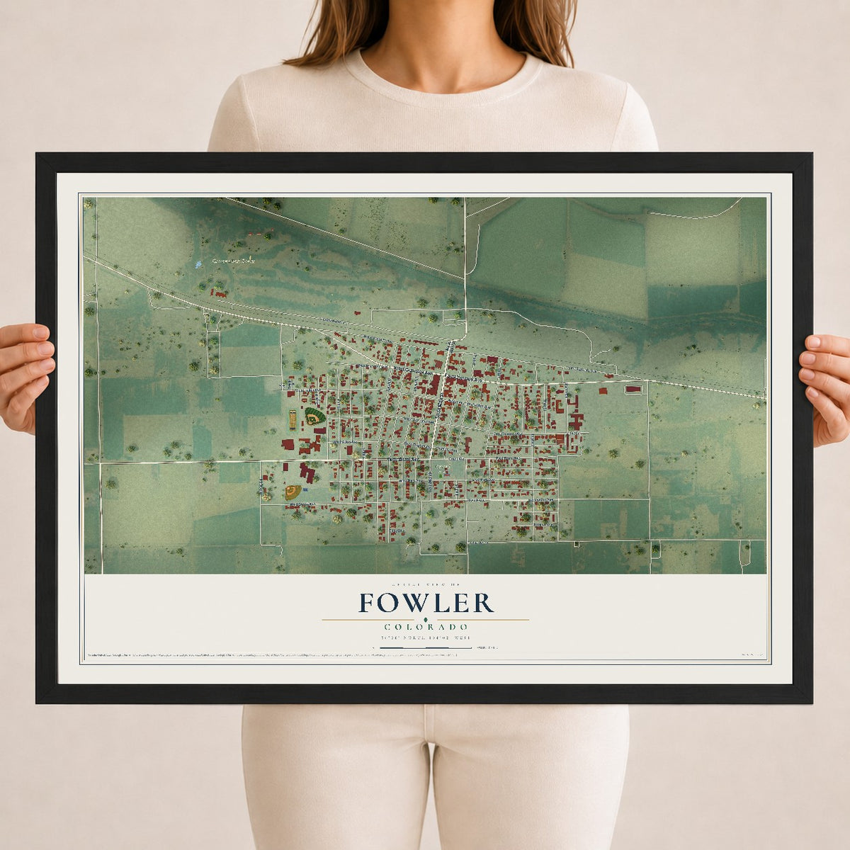Map of Fowler, Colorado, 18 x 24 inch print in a black wood frame