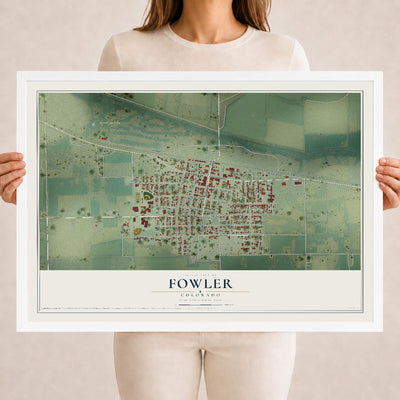 Map of Fowler, Colorado, 18 x 24 inch print in a white wood frame