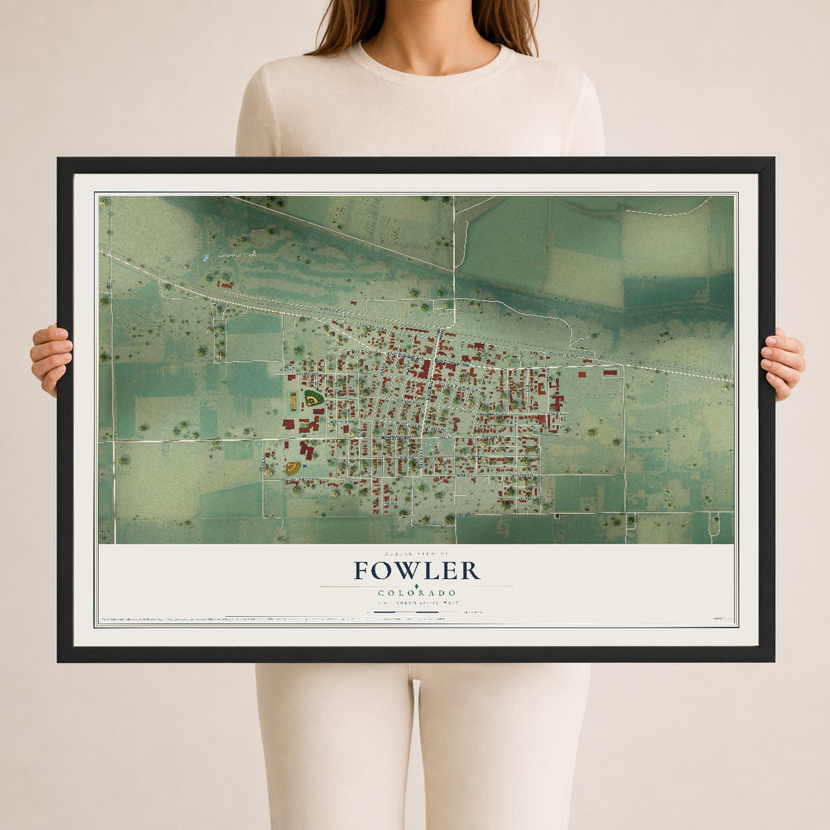 Map of Fowler, Colorado, 24 x 36 inch print in a black wood frame