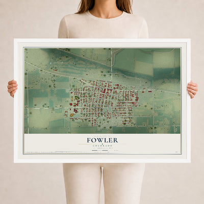 Map of Fowler, Colorado, 24 x 36 inch print in a white wood frame