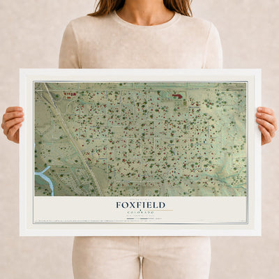 Map of Foxfield, Colorado, 12 x 18 inch print in a white wood frame